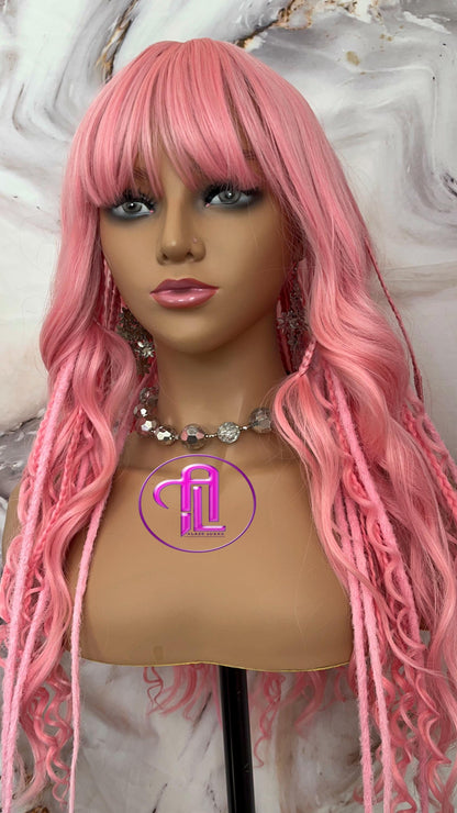 Pink Dread Braid Wig With Bangs – Long Synthetic Boho Glam Wig Chain Snake Goddess Loc Braid Wavy Curly