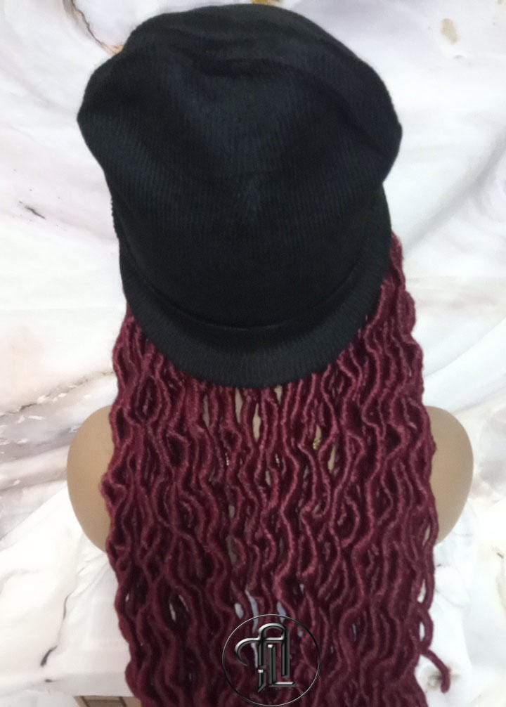 Beanie Hat Burgundy wavy faux locs Boho Style Long Hat Beanie Braided Hat Winter fall fashion Cap Wig Hat Chemo Hat Alopecia