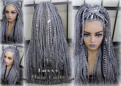 Box Braid 44 51 Wig Grey Gray Black 1b Silver Metallic Chrome Lace Baby Hair Storm Long Medium Straight Glueless! Braid Lace Wig