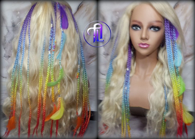 Rainbow Ombre Clip in Braid Long 24 in Boho Feathers Elements Extensions Rainbow Ombre Pink Box braiding Rave Festival LGBTQ Pride