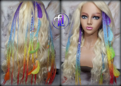 Rainbow Ombre Clip in Braid Long 24 in Boho Feathers Elements Extensions Rainbow Ombre Pink Box braiding Rave Festival LGBTQ Pride