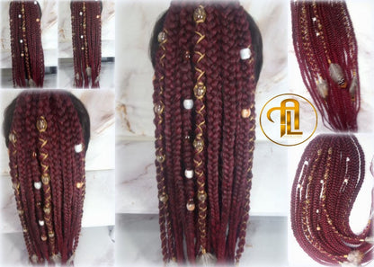 Viking Ponytail Hair Fall Extensions Ombre Black Red Burgundy Gold Elements Accents Feathers Jungle box braids hair scrunchie Butterfly