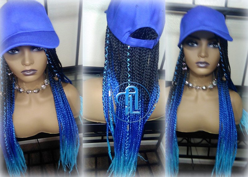 Blue Ombre Box Braid Hat Wig  Gym Hat Baseball Cap  Braided Hat Wig Women’s Hair Summer Hat Winter Hat Hair Cap Wig Hat Chemo Hat Alopecia