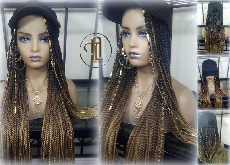Brown Blonde Ombre Box Braid Hat Wig  Gym Hat Baseball Cap  Braided Hat Wig Women Hair Summer Winter Hat Hair Cap Wig Hat Chemo Hat Alopecia