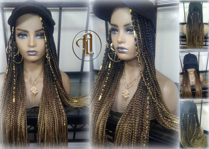 Brown Blonde Ombre Box Braid Hat Wig  Gym Hat Baseball Cap  Braided Hat Wig Women Hair Summer Winter Hat Hair Cap Wig Hat Chemo Hat Alopecia