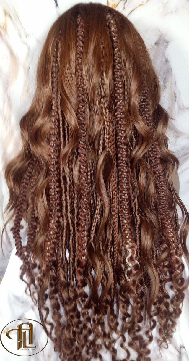 Full Wig Dread Braid Bangs Twist Soft Crochet Boho Synthetic Dread Braid Bohemian Dark Root Ombre Brown  Long Wavy Curly Textured Dreads