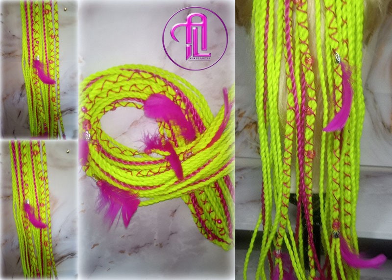 Ponytail Hair Fall Extensions Neon Green Slime Hot Pink Elements Accents Feathers synthetic senegalese twist braids hair scrunchie clip in