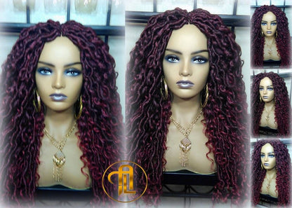 Red 530 Black Mix Goddess Faux Loc Curly Boho Braided Wig Gypsy Bohemian Boho Dread DE SE Dred Lock Hair wig Ready to ship