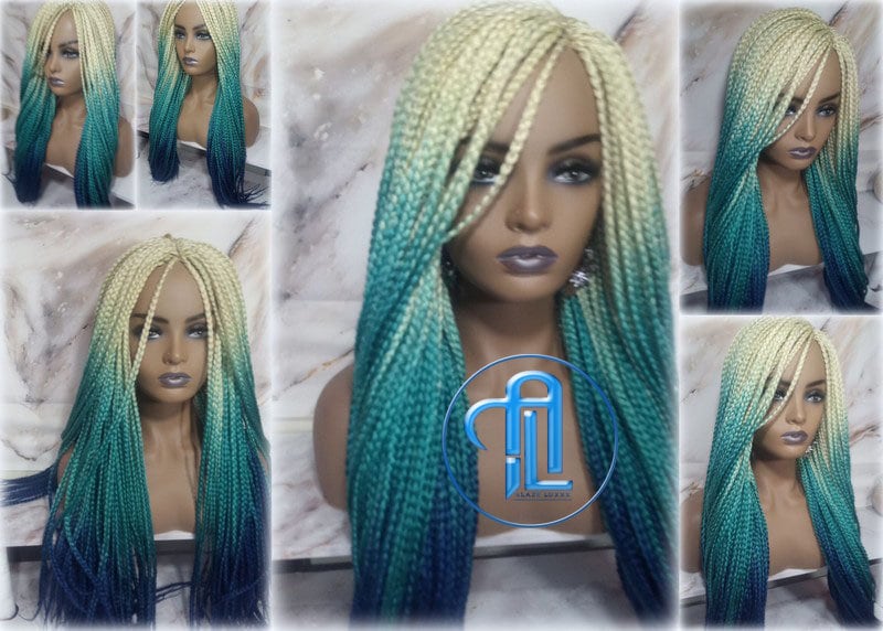 Box Braid Wig Creamy-White Blonde Lake Blue Royal Blue Braid Wig Long  Ombre Blonde Creamy Green Turquoise Blue Mermaid Hair Multi Color