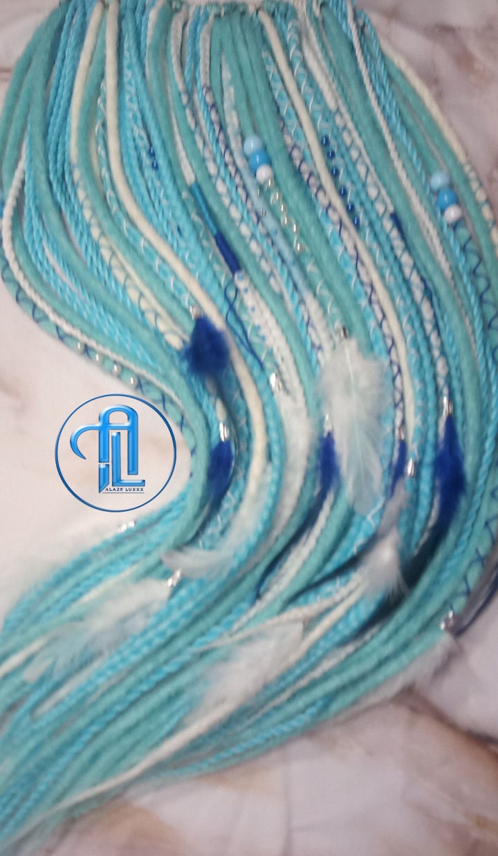 Blue White SE Synthetic Crochet Straight Dreads Braids synthetic soft and light Braid in Clip in hair extension Fake Faux Dreads Partial Set
