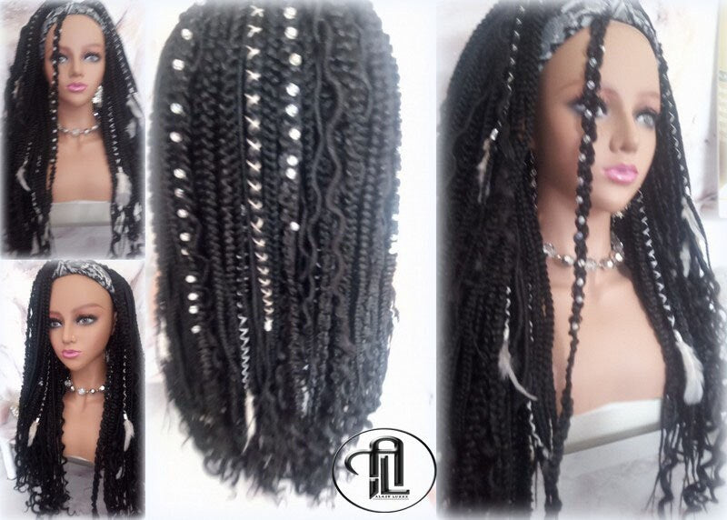 Black 1B Headband Wig Braids Dreads Mix Set Twist Soft Crochet Boho Dread Braid Set Bohemian extensions Goddess Faux Locs Partial Dreads Wig