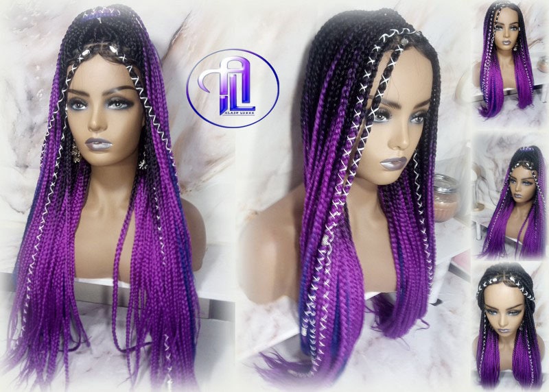 Box Braids Ombre Black Purple Blue Mermaid Gradient Braid Wig 24 Inch Long Synthetic Braiding Hair Extension