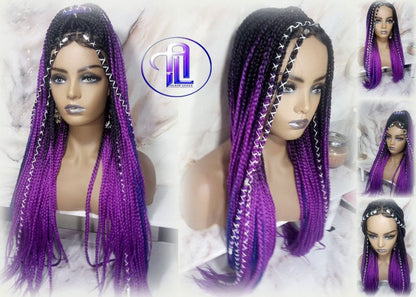 Box Braids Ombre Black Purple Blue Mermaid Gradient Braid Wig 24 Inch Long Synthetic Braiding Hair Extension