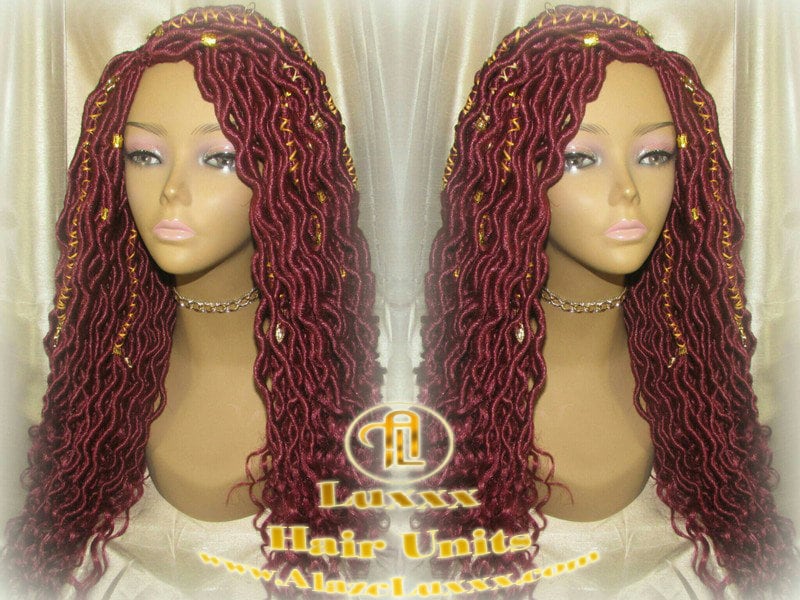Rich Red Gold Goddess Faux Loc Braided Wig Gypsy Bohemian Boho Dread DE SE Dred Lock Crochet Braided Wig Costume Carnival Festival Hair wig