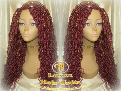 Rich Red Gold Goddess Faux Loc Braided Wig Gypsy Bohemian Boho Dread DE SE Dred Lock Crochet Braided Wig Costume Carnival Festival Hair wig