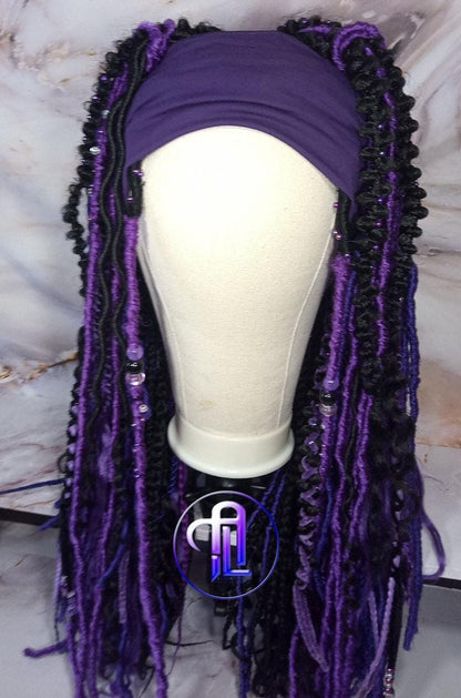 Wide Headband Wig Viking Ombre Goddess Boho Locs Black Purple Crochet Synthetic Dread Curly Ends Braided Hair Fall Twist Butterfly loc