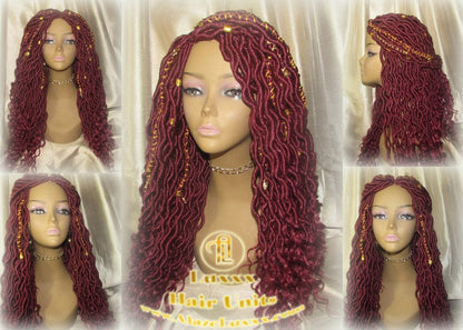 Braided Wig Rich Red Burgundy Gold Goddess Faux Loc Alopecia Hair Thinning Cancer Wigs Protective Box Braid Kinky Twist Crochet Braided Wig