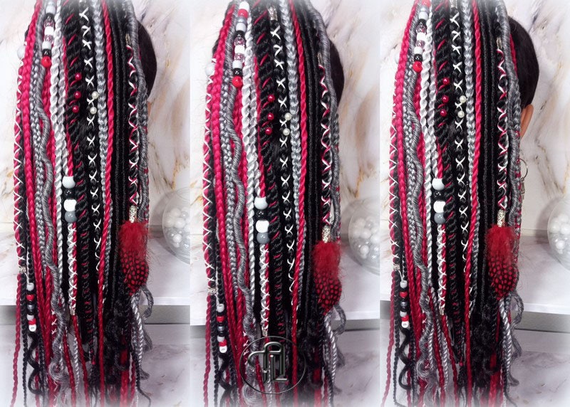Ponytail Hair Fall Viking Extensions Black Red Elements Accents Feathers synthetic box braids renaissance hair scrunchie kawaii dreadlock