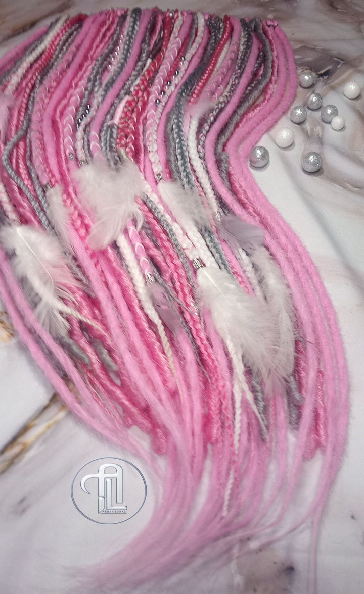Pink Gray White Straight Single Ended SE Set Kit Soft Crochet Boho Dread Braid Hair Wrap Extensions Festival Hair Partial Single Loop Dread