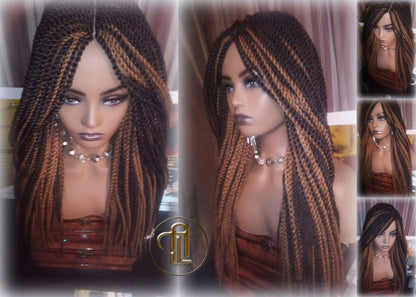 Straight Senegalese Twist Wig Brown Blonde 22' Unique and Rare Long Alopecia Natural Small Twist Crochet Braided Braiding