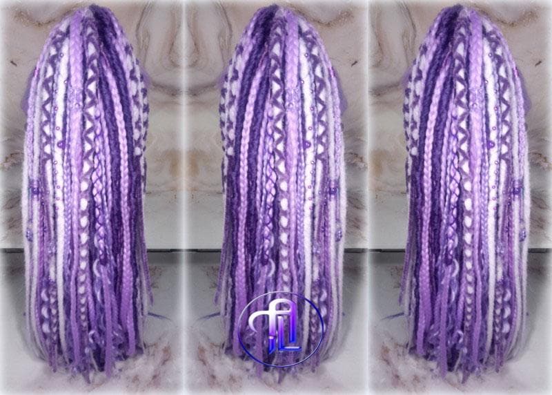 Claw Clip Drawstring Braids Dreads Ponytail Extension Viking Renaissance  Purple Lavender Accents Feathers synthetic clipin Butterfly