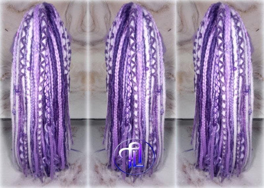 Claw Clip Drawstring Braids Dreads Ponytail Extension Viking Renaissance  Purple Lavender Accents Feathers synthetic clipin Butterfly