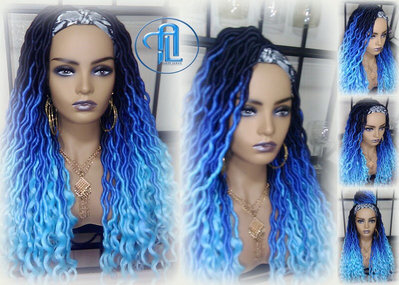 Headband wig Dreadlock Wig Mermaid Blue Ombre gradient Goddess Faux Locs curly long rainbow boho bohemian wig