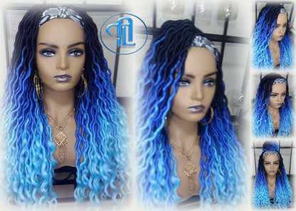 Headband wig Dreadlock Wig Mermaid Blue Ombre gradient Goddess Faux Locs curly long rainbow boho bohemian wig