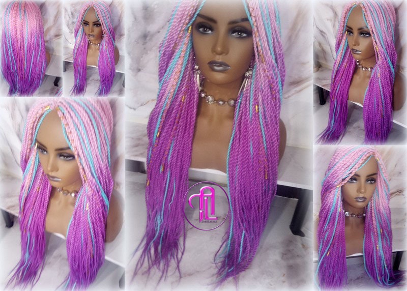 Ombre Pink Purple Blue 24 Inch Long Soft Senegalese Twist Ombre Braids Hair Synthetic Braiding Hair Extension Unicorn accents