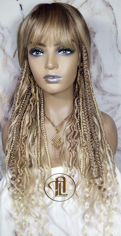 Dread Braid Bangs Full Wig Twist Soft Crochet Boho Synthetic Dread Braid Bohemian Dark Root Ombre Brown Blonde Long Wavy Curly Balayage Wig