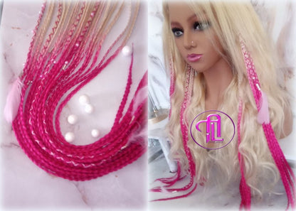 Blonde Pink Ombre Clip in Braid Long 24 in Boho Extensions Pink Ombre Blonde Pink Box braiding hair Rave Festival Elements Feathers