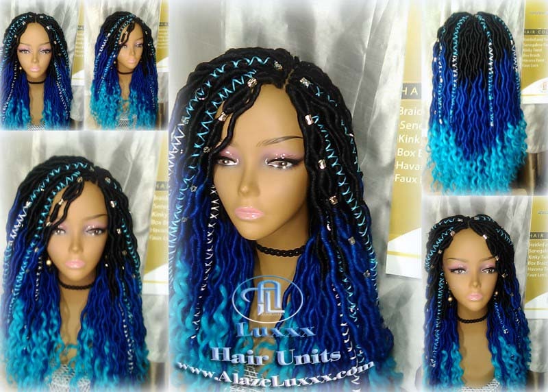 Blue Ombre Goddess Faux Locs Mermaid curly long distressed bohemian braids Natural dreads locs Wig for Black women Gift for women