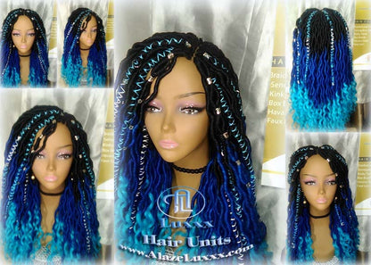Blue Ombre Goddess Faux Locs Mermaid curly long distressed bohemian braids Natural dreads locs Wig for Black women Gift for women
