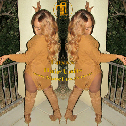 Honey Blonde Auburn 27/30 Dark Roots Ombre 22 In' Straight Long Custom Color Virgin Hair Unit Lace FrontWigs Kim Khloe Kardashian Wig Look