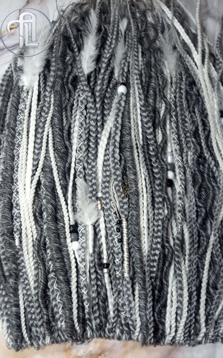 Silver White Grey Single Ended SE  Locs Braids Plaits Hair Extension Boho Festival Burning Man Braid Single Ended Textured Natural Realistic