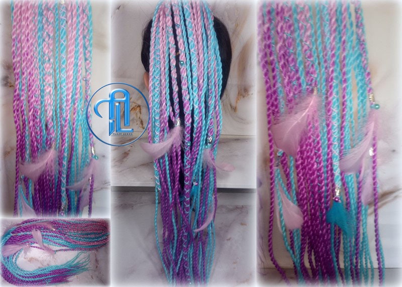 Ponytail Hair Fall Extensions Pink Ombre Purple Blue Elements Accents Feathers senegalese twist braids hair scrunchie gender reveal