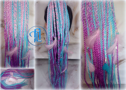 Ponytail Hair Fall Extensions Pink Ombre Purple Blue Elements Accents Feathers senegalese twist braids hair scrunchie gender reveal