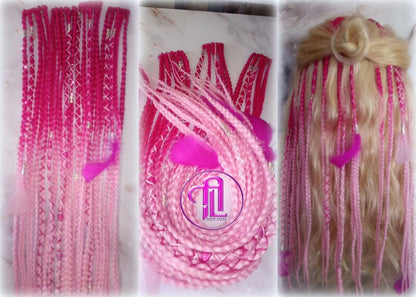 Pink Ombre Clip in Braid Long 24 in Boho Extensions Pink Ombre Blonde Pink Box braiding hair Rave Festival Elements Feathers