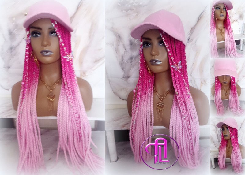 Hot Pink Light Pink Ombre Box Braid Hat Wig  Gym Hat Baseball Cap Braided Hair Hat Wig Cap Chemo Hat Alopecia Breast Cancer Awareness