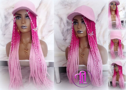 Hot Pink Light Pink Ombre Box Braid Hat Wig  Gym Hat Baseball Cap Braided Hair Hat Wig Cap Chemo Hat Alopecia Breast Cancer Awareness