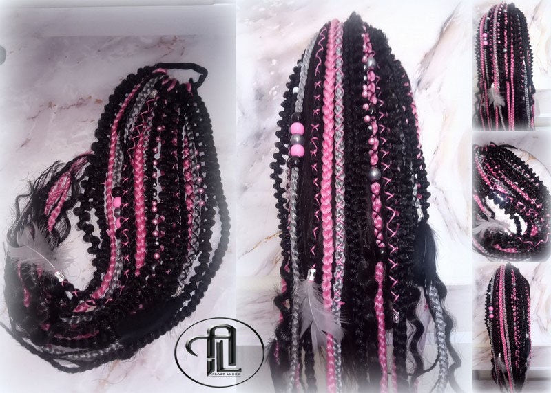Ponytail Hair Fall Extensions Black Pink Grey Ombre Elements Accents Feathers synthetic box braids hair scrunchie clip in Clip on Braids
