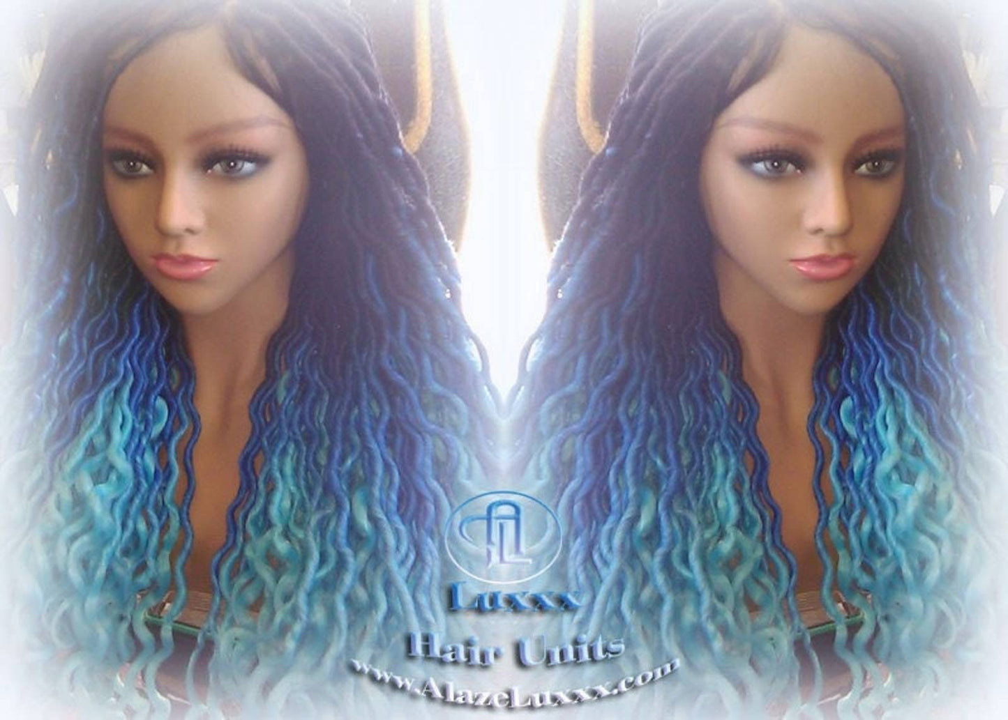 Blue Ombre Goddess Faux Locs Lace Closure w Baby Hairs Faux Loc Wig 4x4 Wig Mermaid curly long rainbow boho bohemian braids wig