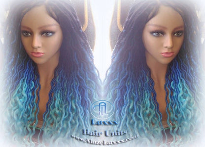 Blue Ombre Goddess Faux Locs Lace Closure w Baby Hairs Faux Loc Wig 4x4 Wig Mermaid curly long rainbow boho bohemian braids wig