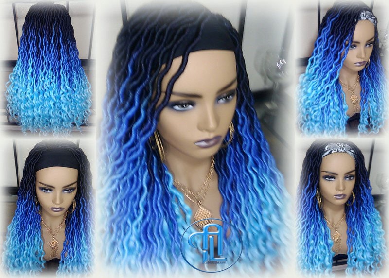 Headband wig Dreadlock Wig Mermaid Blue Ombre gradient Goddess Faux Locs curly long rainbow boho bohemian wig