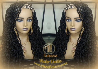 Headband Wig Black 1B Goddess Faux Loc Bohemian Boho Braided Wig