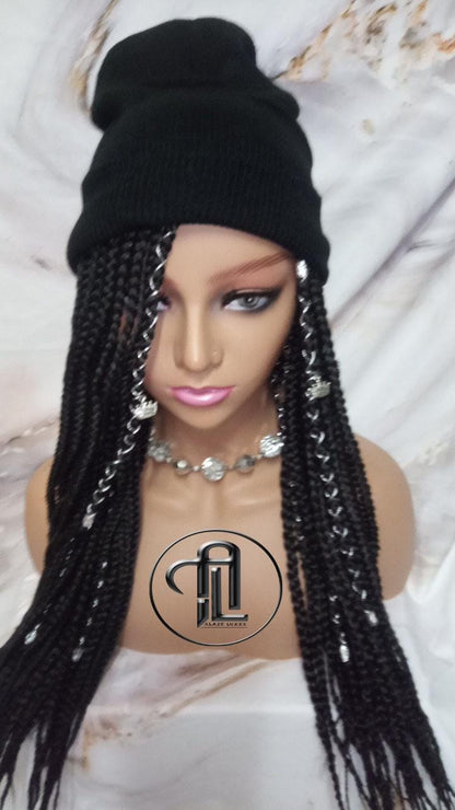 Beanie Hat Black Box Braid Boho Style Long Hat Beanie Braided Hat Winter fall fashion Cap Wig Hat Chemo Hat Alopecia Silver Accents Charms
