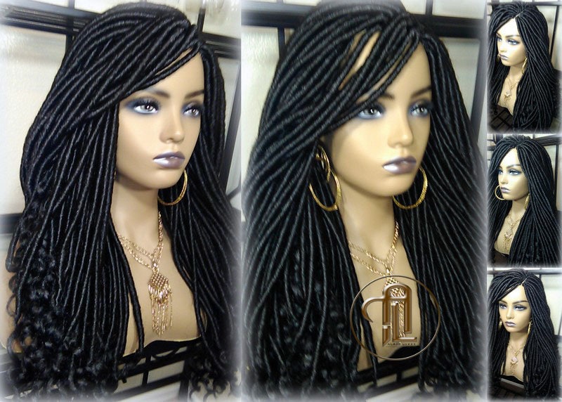 Long Straight Black Goddess Faux Locs Curly Ends Dread Wig Gypsy Faux Synthetic Dred Loc Bohemian Boho