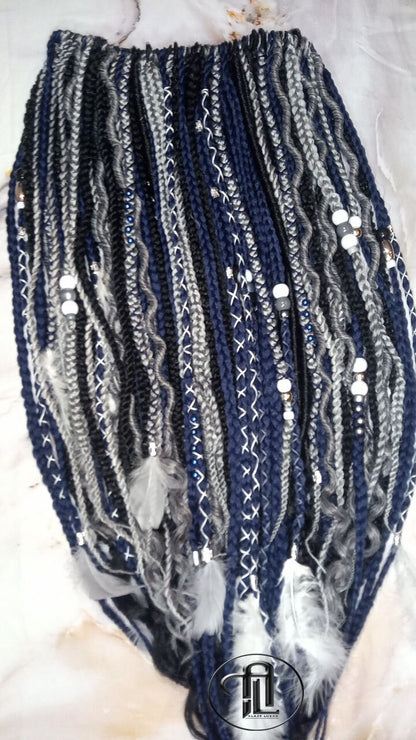 Blue Black Silver Boho Single Ended SE 100 Piece Braids Plaits Twist Soft Crochet Boho Dread Braid Hair Wraps Extensions SE Dread Cuffs Ring