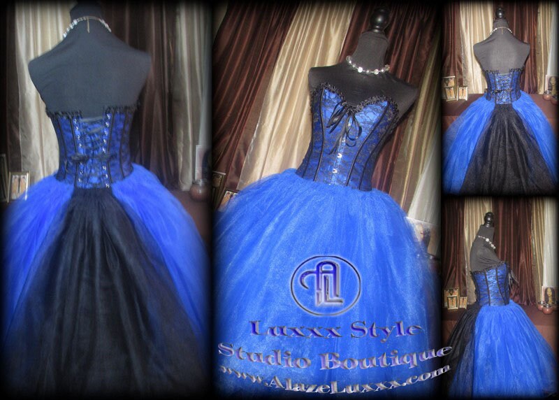 Blue Black Floral Corset Tulle Dress Skirt Wedding Prom Party Dress Burlesque Homecoming Cosplay EDC RAVE Festival TuTu Quinceanera Sweet16