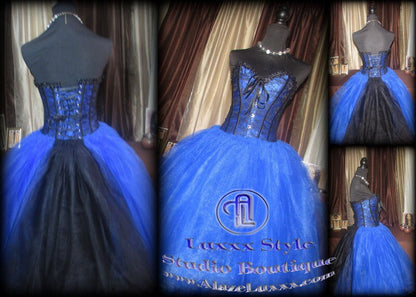 Blue Black Floral Corset Tulle Dress Skirt Wedding Prom Party Dress Burlesque Homecoming Cosplay EDC RAVE Festival TuTu Quinceanera Sweet16